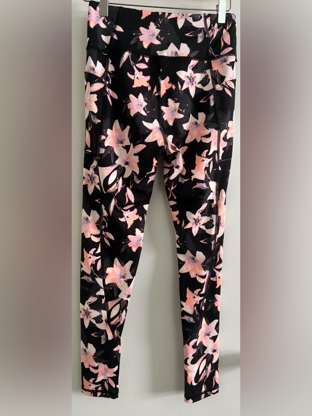 Victoria's Secret Black Leggings with Pink Floral Pattern